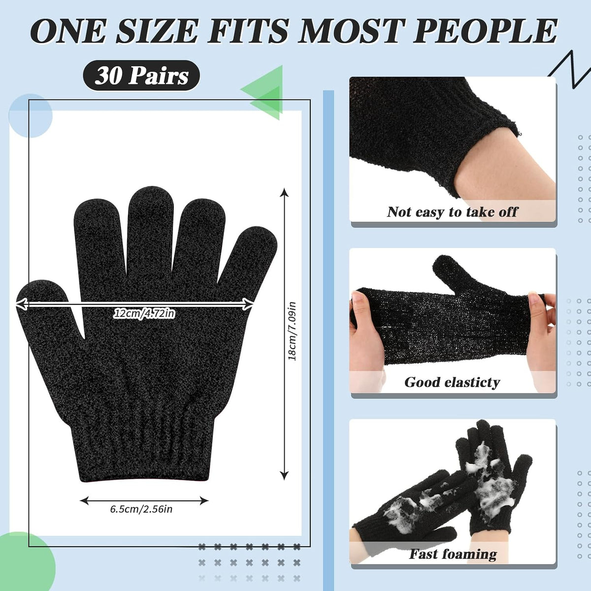 Ramede 30 Pair Exfoliating Gloves Double Sided Nylon Scrubbers, Black