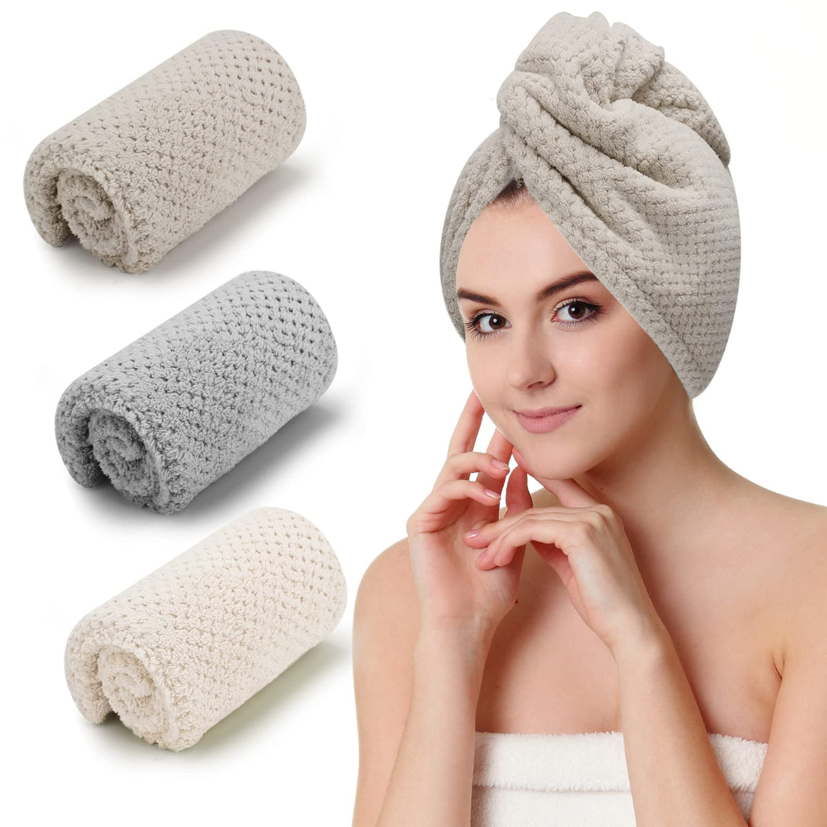 CZZXI 3 PCS Microfiber Hair Towel, Hair Wraps for Women Wet Hair, Fast Drying Hair Turban, Anti Frizz Head Towels Wrap for Curly Hair (Purple, Pink, Blue)