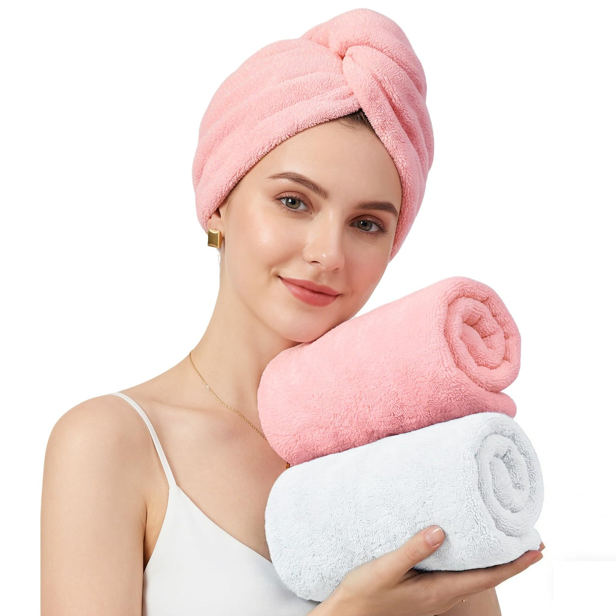 Mandydov 100% Cotton Hair Towel Wrap for Women, 2 Pack Thickened & Super Absorbent Turbans, Anti Frizz Quick Dry Hair Towels (White)