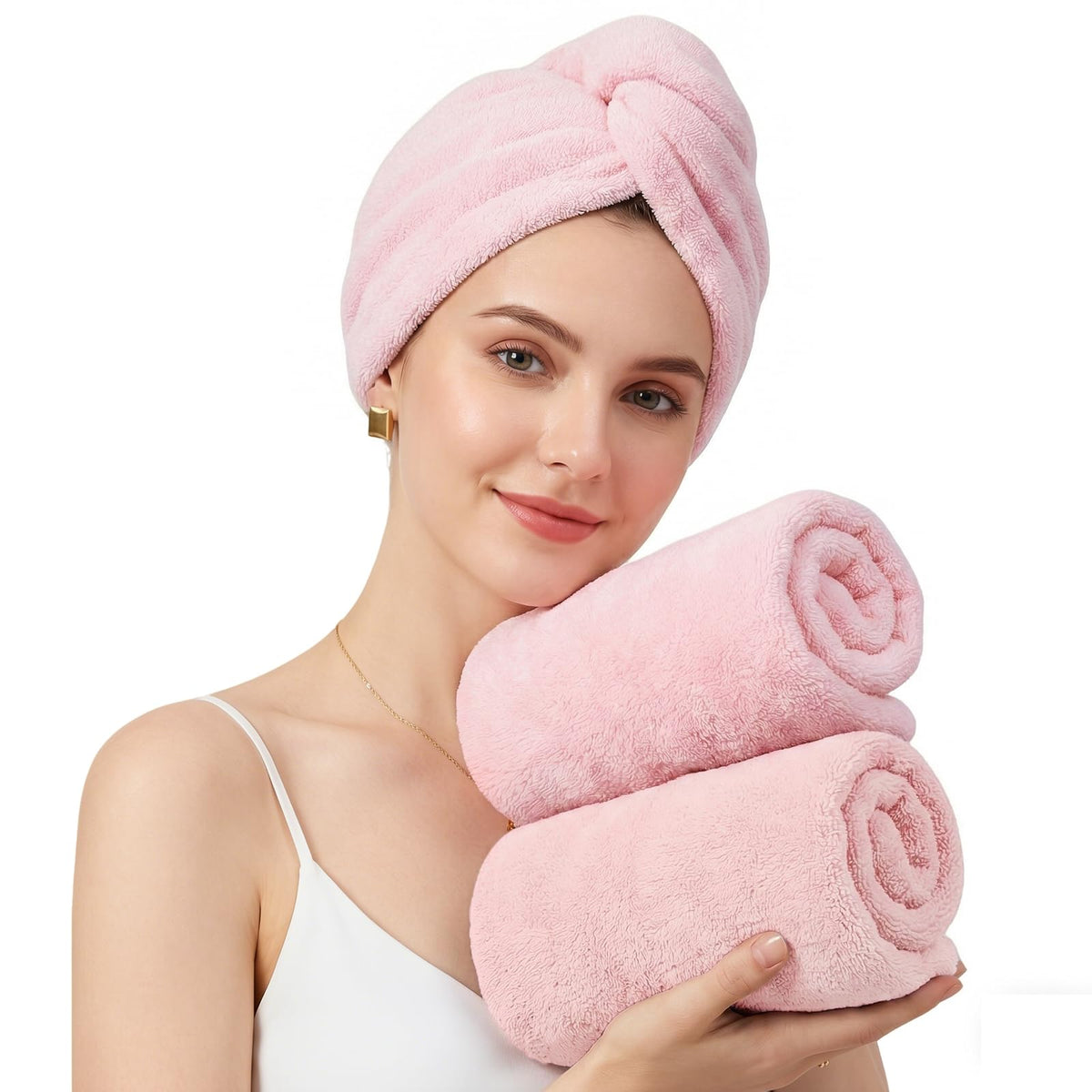 Mandydov 100% Cotton Hair Towel Wrap for Women, 2 Pack Thickened & Super Absorbent Turbans, Anti Frizz Quick Dry Hair Towels (White)