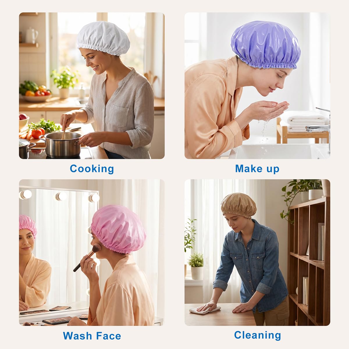 Terry Lined Shower Caps for Women, 4 PCS Cloth Bath Caps Waterproof