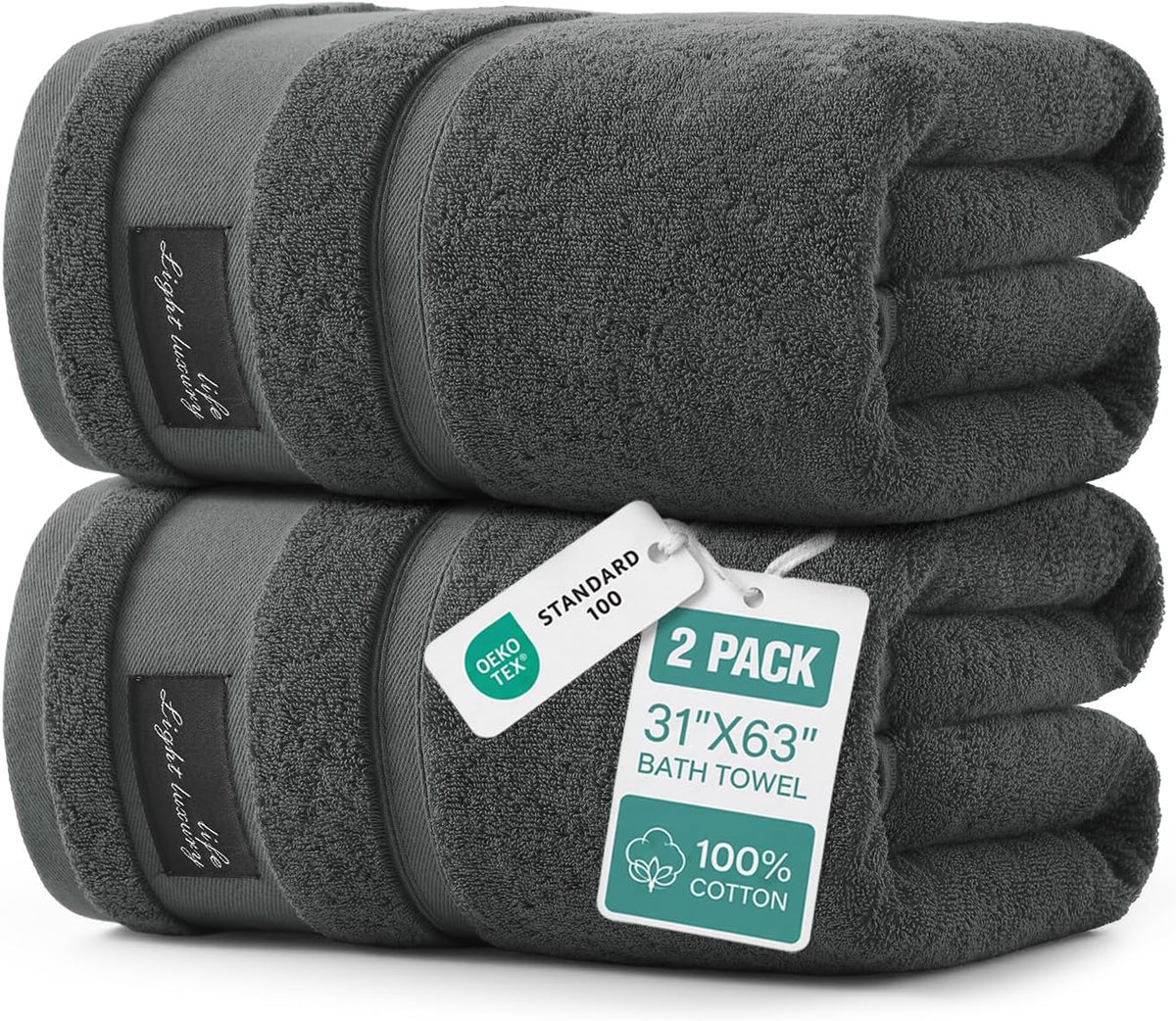 REDKISS 2 Pack Bath Towels Large 32x63 Inches, Heavyweight 760G - Dark Gray