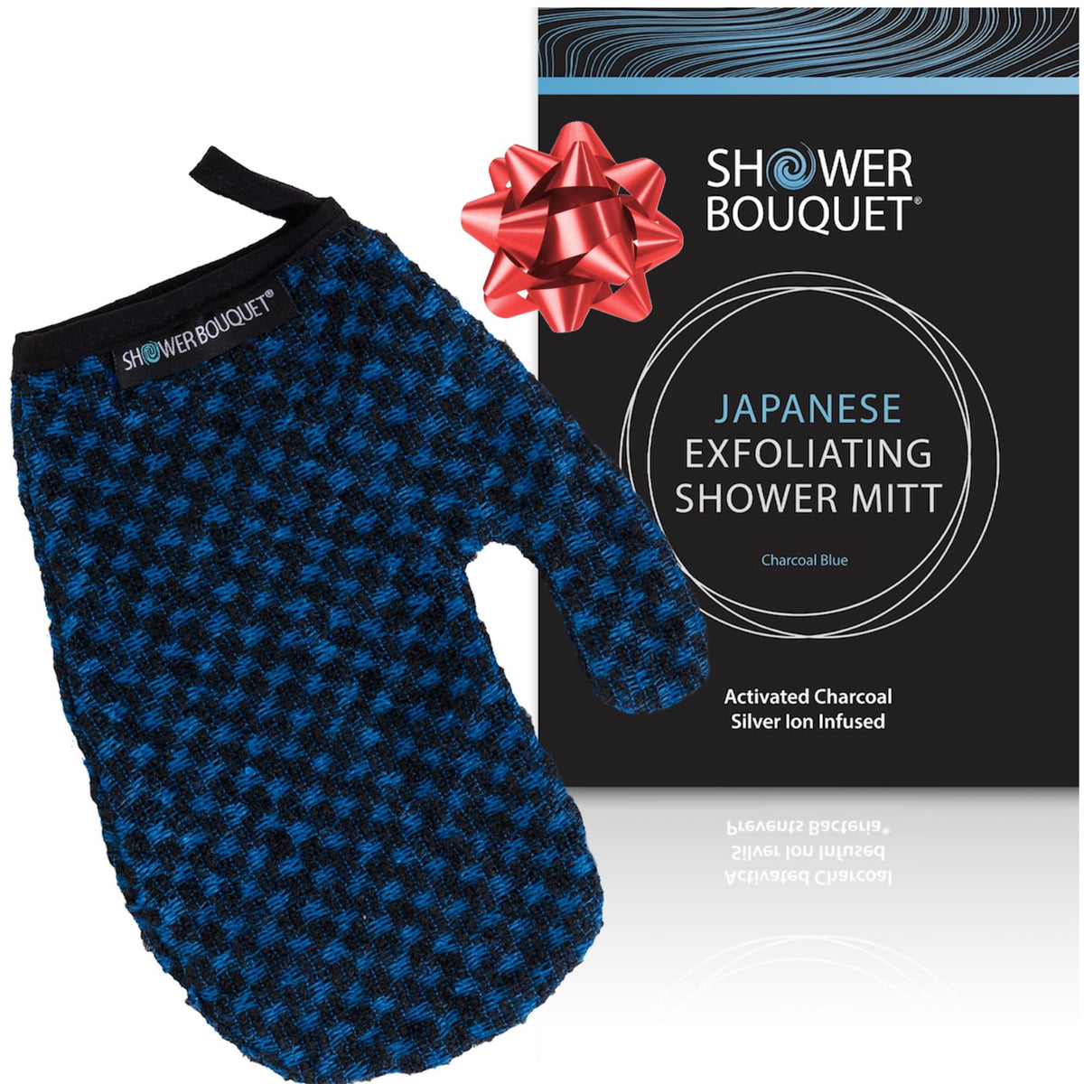 SHOWER BOUQUET Japanese Exfoliating Mitt for Shower, Charcoal & Silver Ion