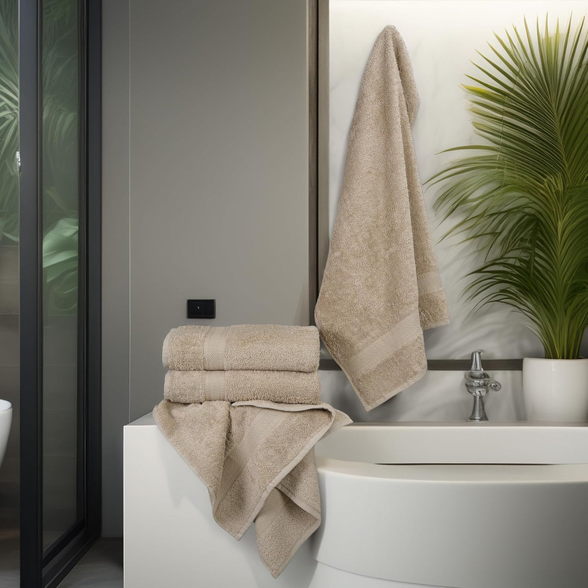 TEXCRAFT Large Bath Towels Set of 6 – 100% Cotton Terry – 24" x 50" – Quick Dry, Soft & Highly Absorbent – Beige Towels for Bathroom, Gym, Spa, Pool & Daily Use