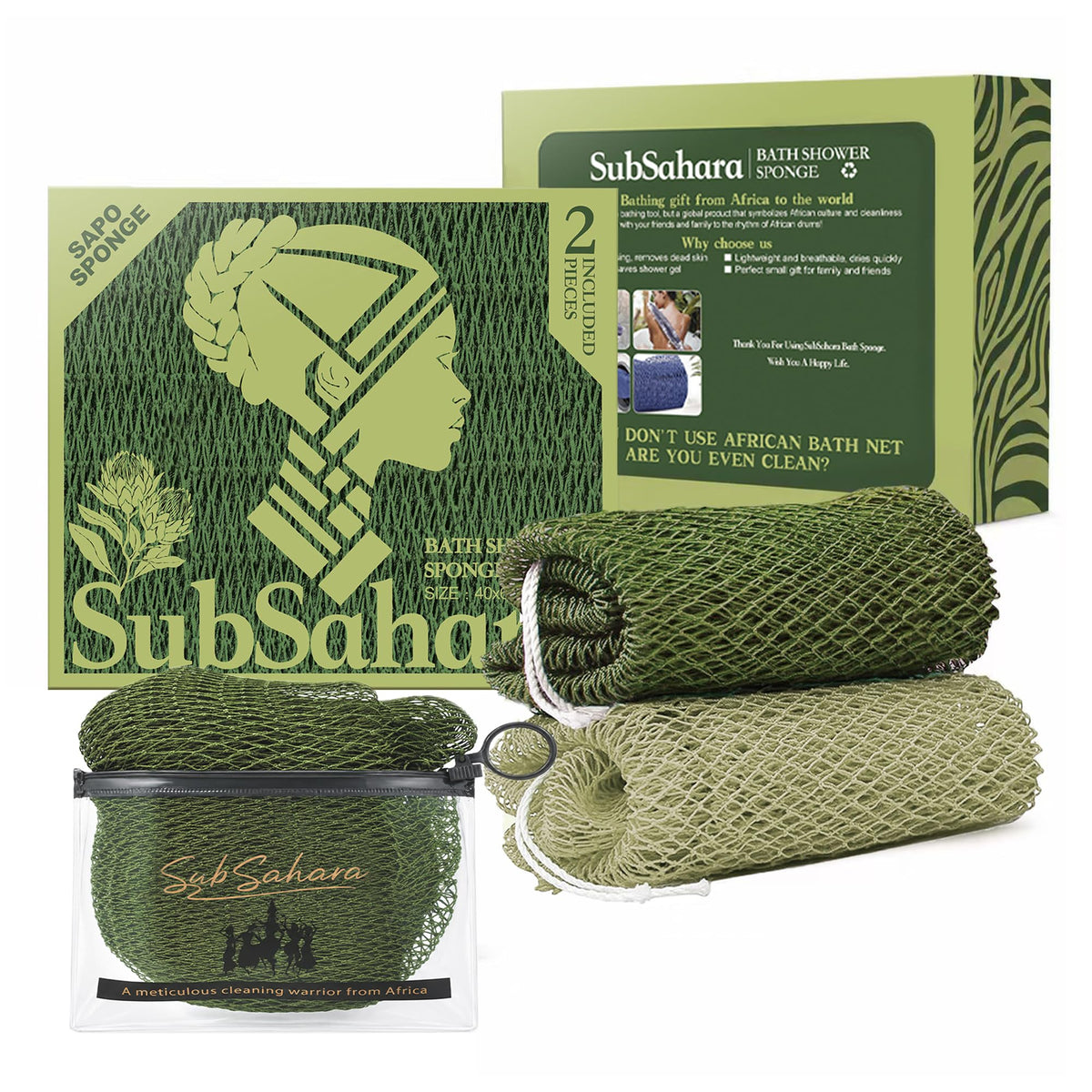 SubSahara African Net Sponge, 2 Pack 45-Inch Exfoliating Body Scrubber
