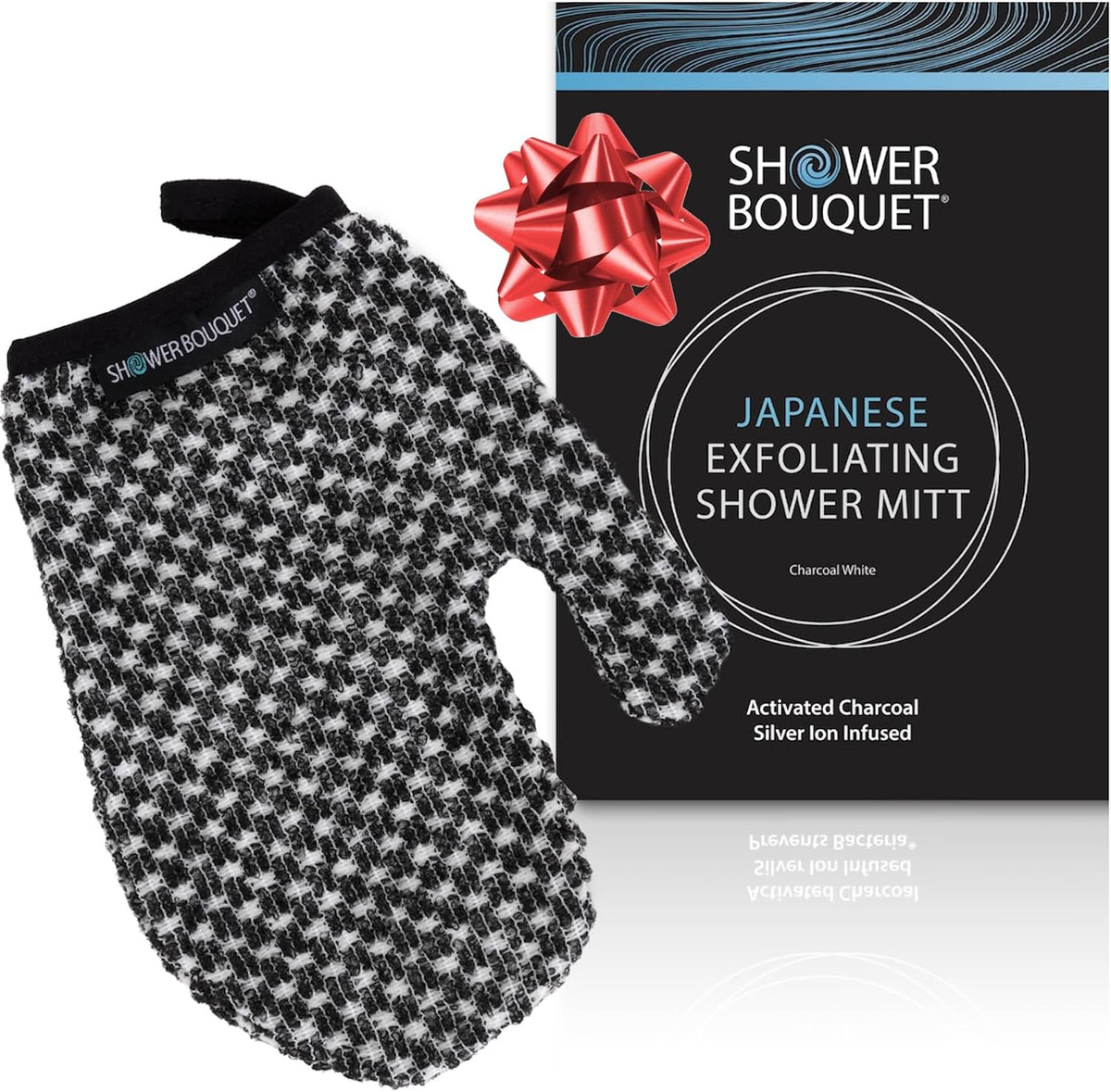 SHOWER BOUQUET Japanese Exfoliating Mitt for Shower, Charcoal & Silver Ion