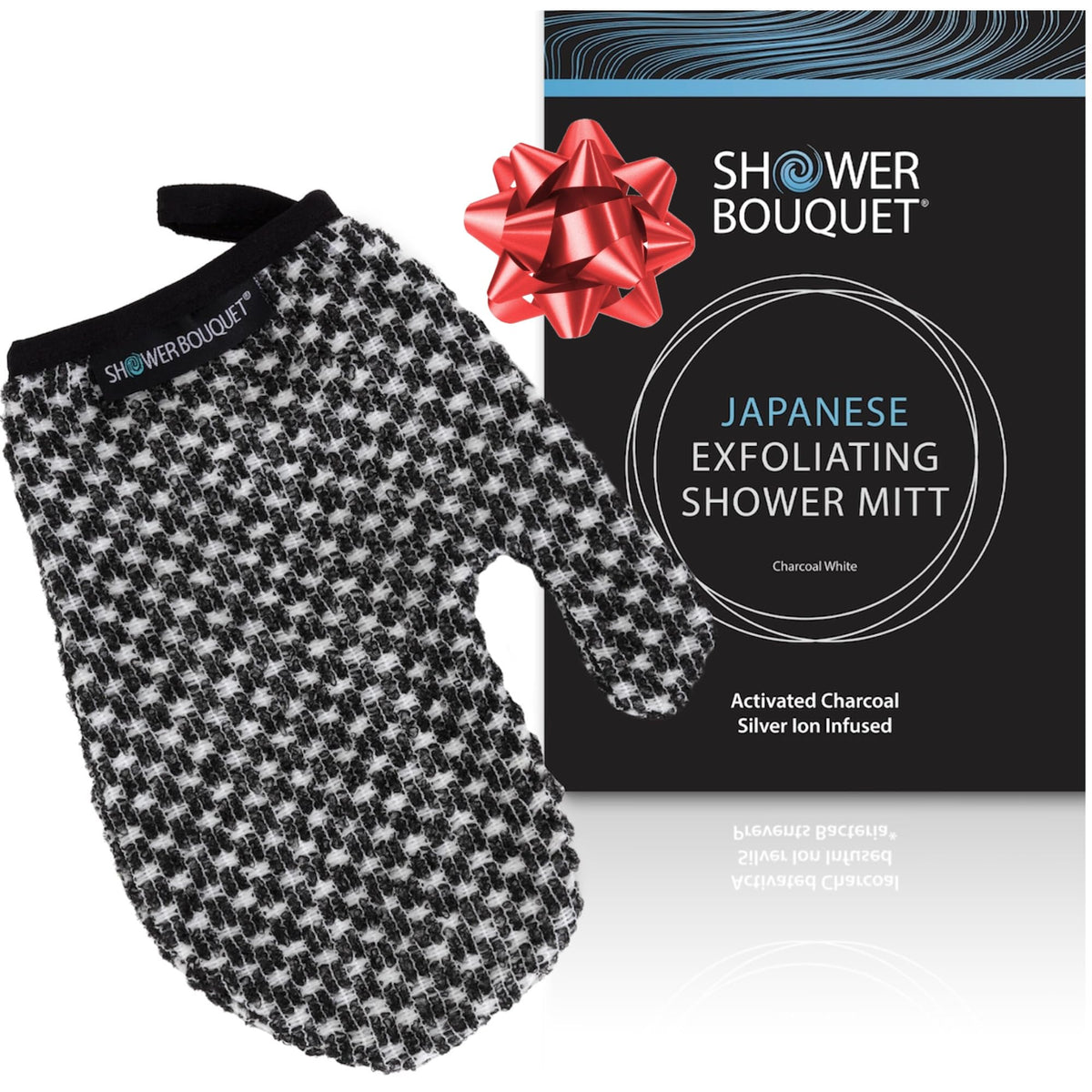 SHOWER BOUQUET Japanese Exfoliating Mitt for Shower, Charcoal & Silver Ion