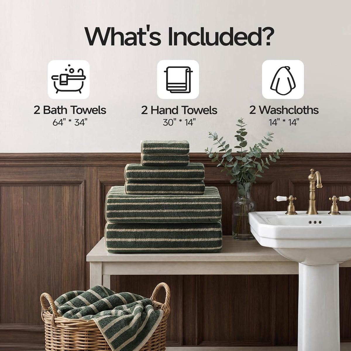 ecolook Striped Microfiber Bathroom Towel Set, Lightweight-Green