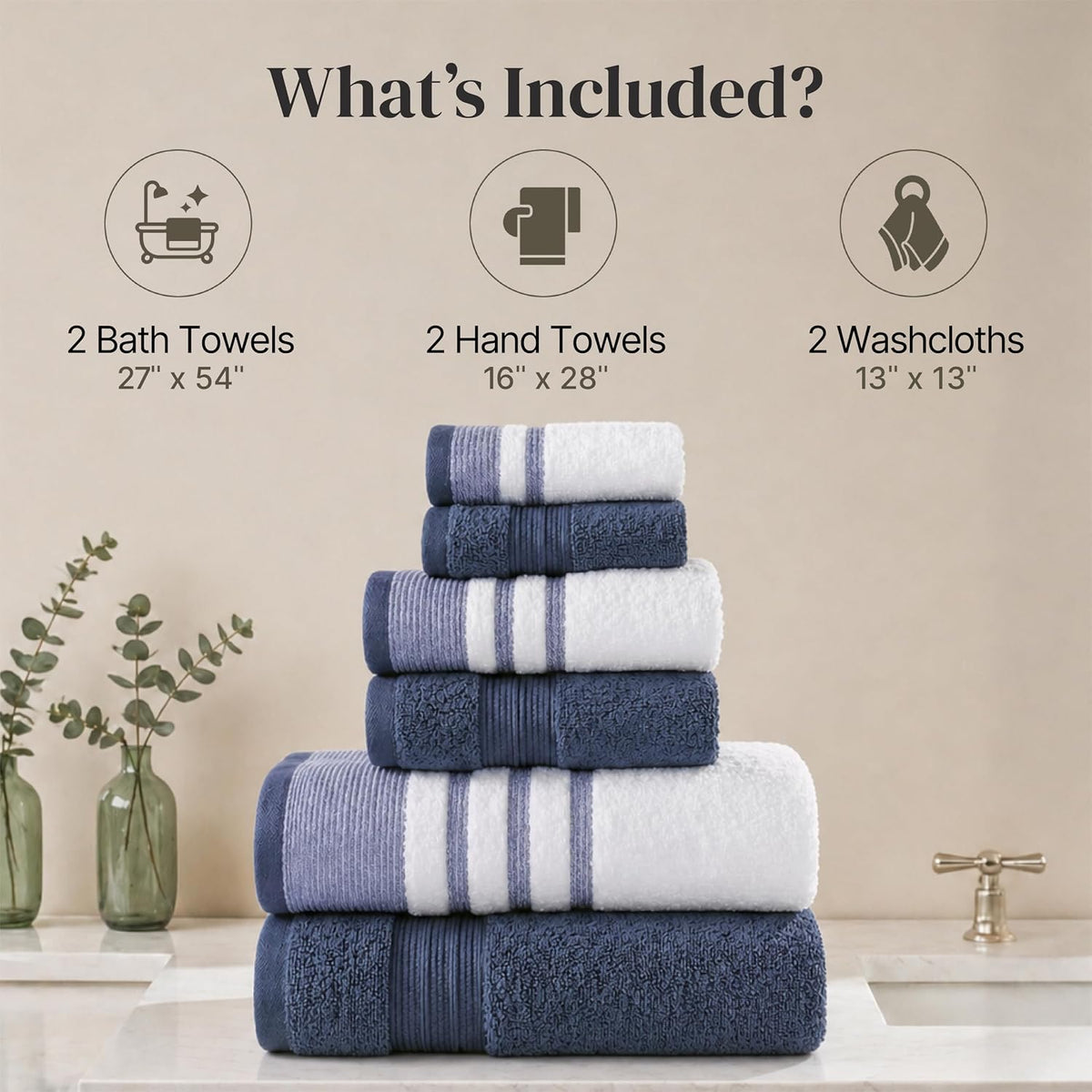 Modern Threads 6 Piece Bath Towel Set – Bathroom Towel Set with 2 Bath Towels, 2 Hand Towels & 2 Washcloths – 100% Cotton, Soft & Absorbent – Classic Border Stripe (Blue)