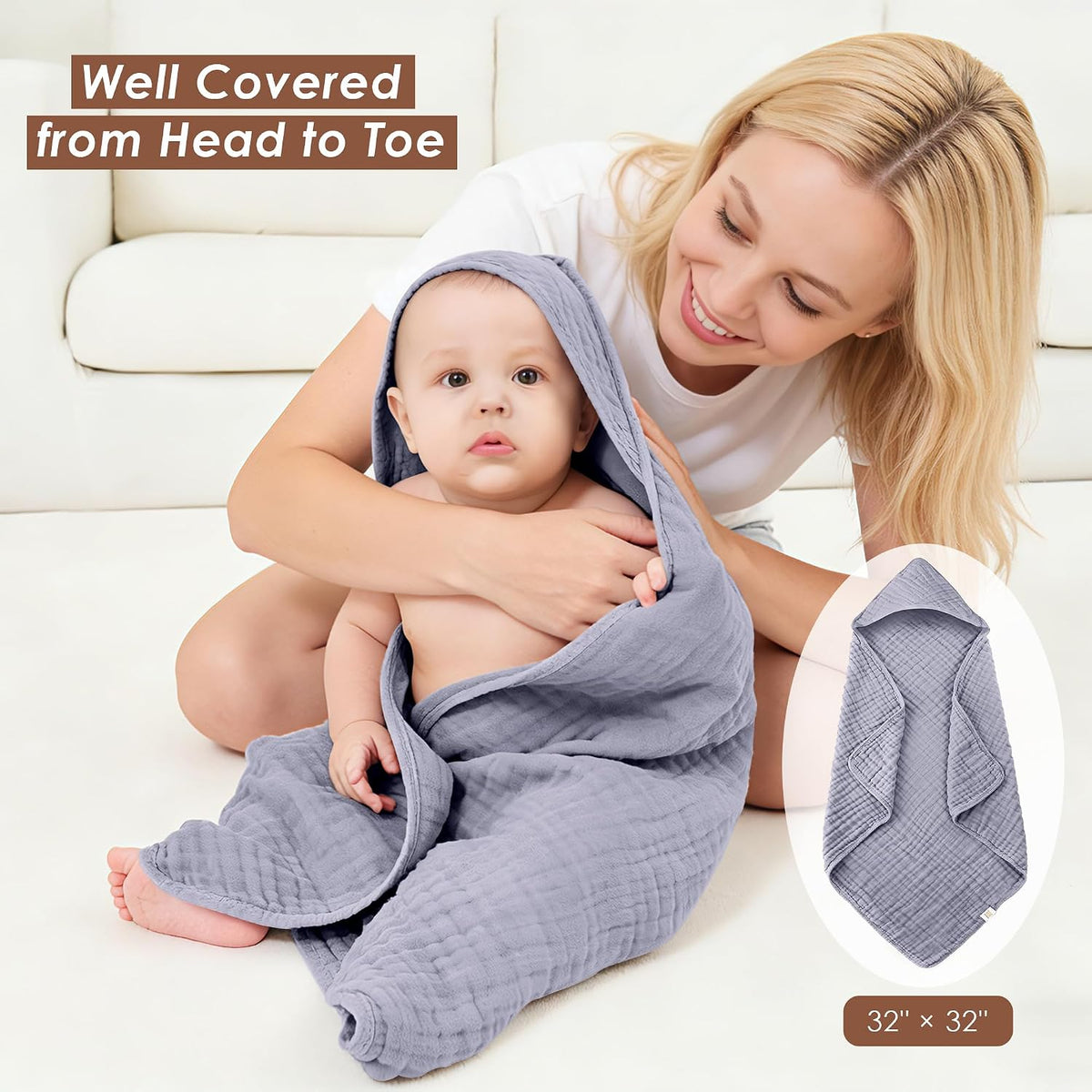 Ease Cubs 3-Pack Muslin Hooded Baby Towels, 100% Cotton, Ultra-Soft & Absorbent Baby Bath Towels with Hood for Babies, Infant, Toddler and Newbron (Grey and Navy Blue Series,32" x 32")