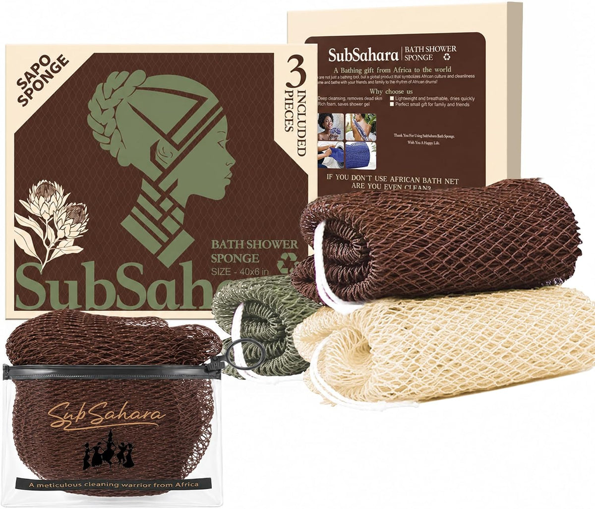 SubSahara African Net Sponge, 2 Pack 45-Inch Exfoliating Body Scrubber
