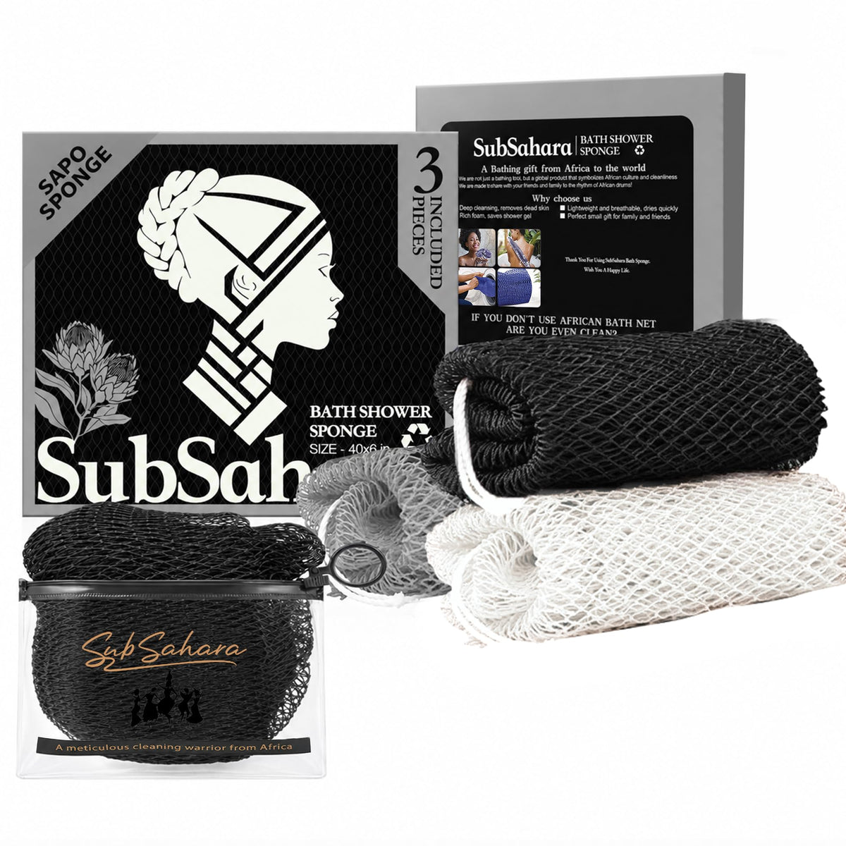 SubSahara African Net Sponge, 2 Pack 45-Inch Exfoliating Body Scrubber