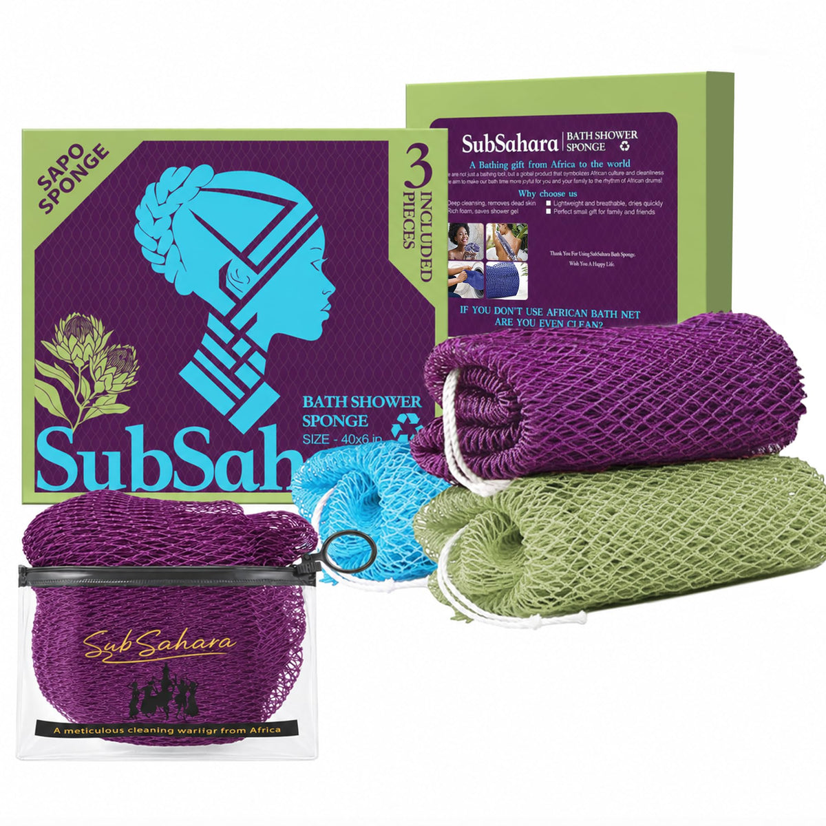 SubSahara African Net Sponge, 2 Pack 45-Inch Exfoliating Body Scrubber
