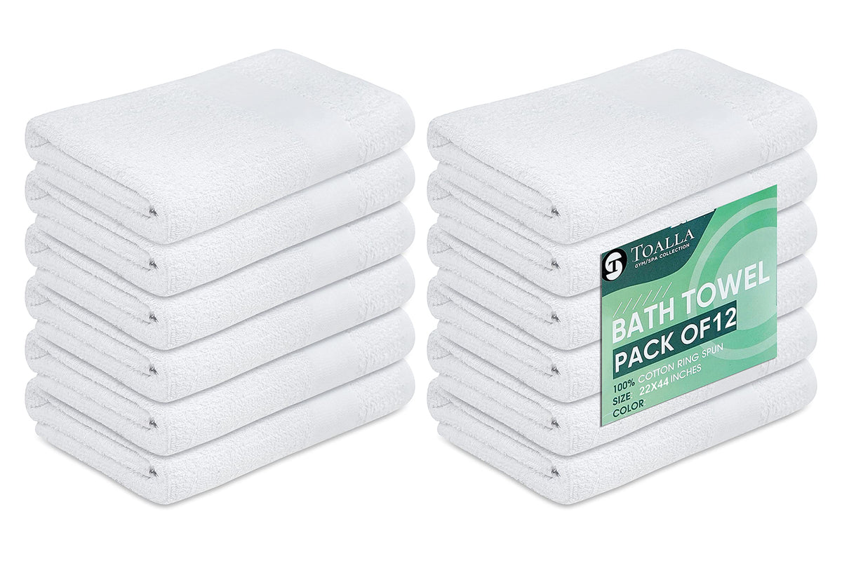 12 Pack White 100% Cotton Bath Towels, 20x40 Inches, Lightweight, Quick Drying, Commercial Grade, Gym, Salon, Spa & Hair