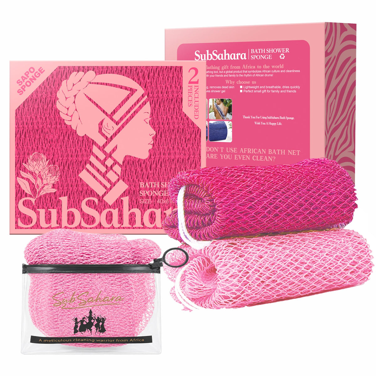 SubSahara African Net Sponge, 2 Pack 45-Inch Exfoliating Body Scrubber