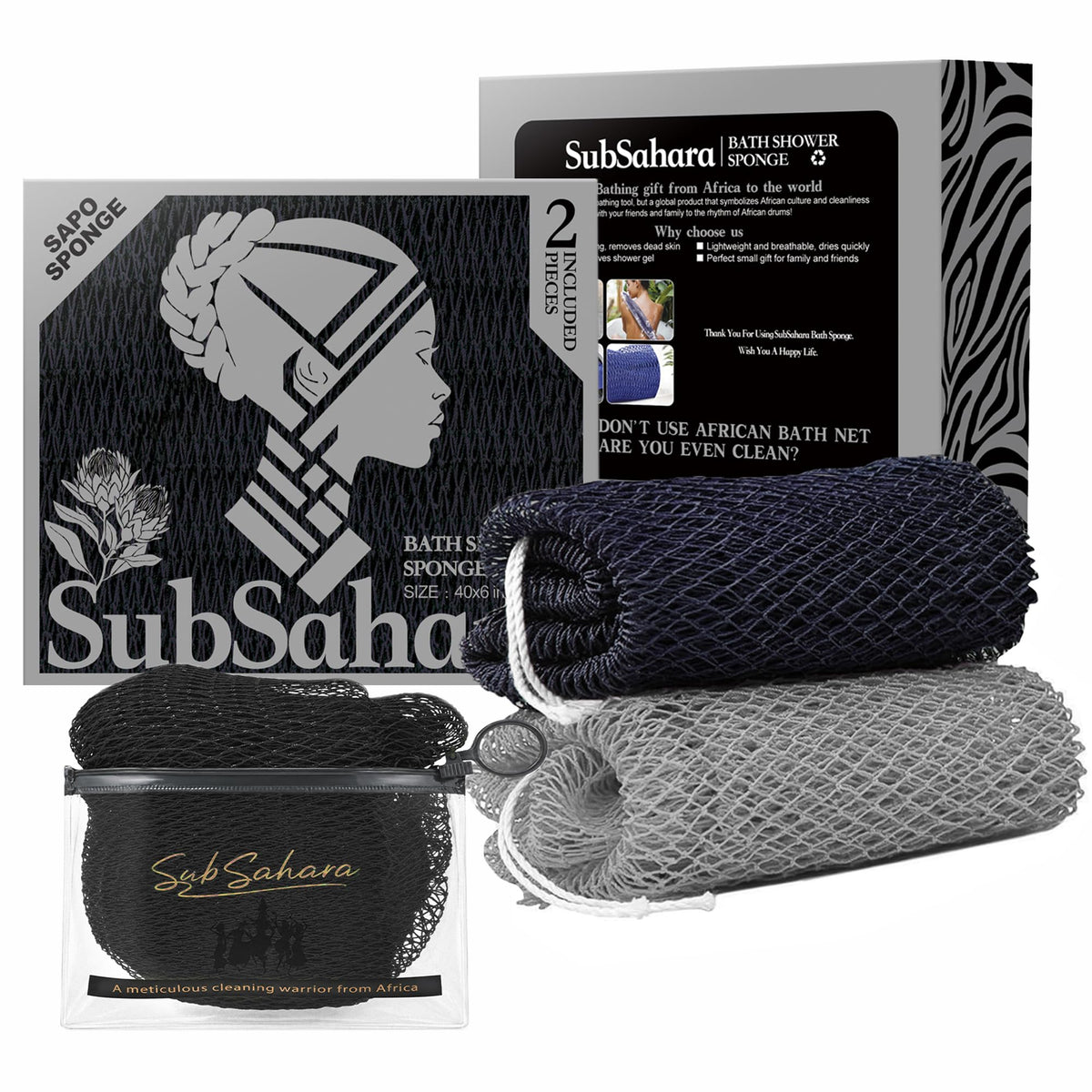SubSahara African Net Sponge, 2 Pack 45-Inch Exfoliating Body Scrubber