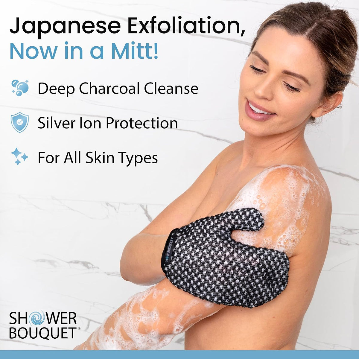 SHOWER BOUQUET Japanese Exfoliating Mitt for Shower, Charcoal & Silver Ion