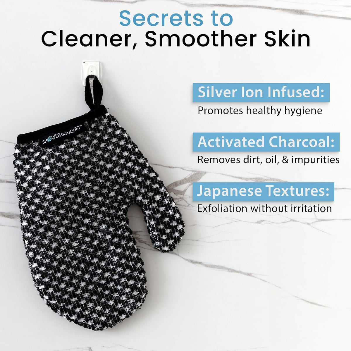 SHOWER BOUQUET Japanese Exfoliating Mitt for Shower, Charcoal & Silver Ion