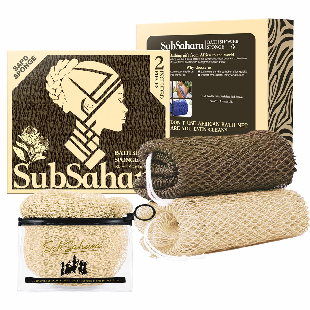 SubSahara African Net Sponge, 2 Pack 45-Inch Exfoliating Body Scrubber