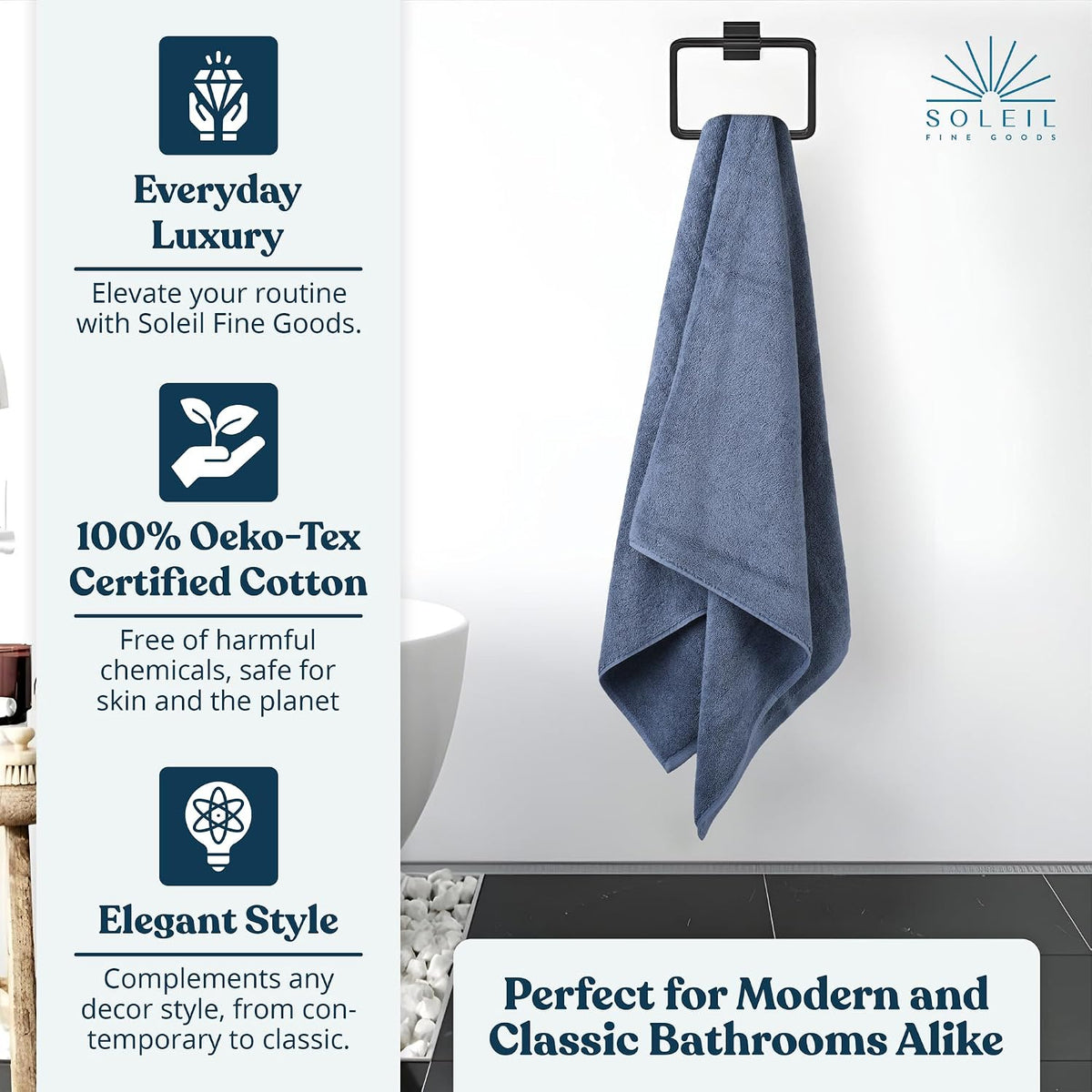 Soleil Fine Goods Luxurious 800 GSM 100% Cotton Bath Towel Set (4-Pack, 27x54) - Heavyweight & Ultra Absorbent, Plush Softness for Bathroom | Hotel & Spa Quality Luxury Towels- Blue Grey