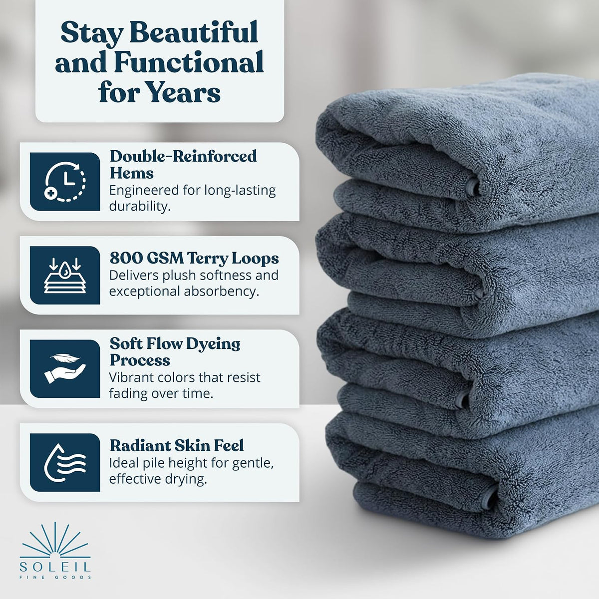 Soleil Fine Goods Luxurious 800 GSM 100% Cotton Bath Towel Set (4-Pack, 27x54) - Heavyweight & Ultra Absorbent, Plush Softness for Bathroom | Hotel & Spa Quality Luxury Towels- Blue Grey