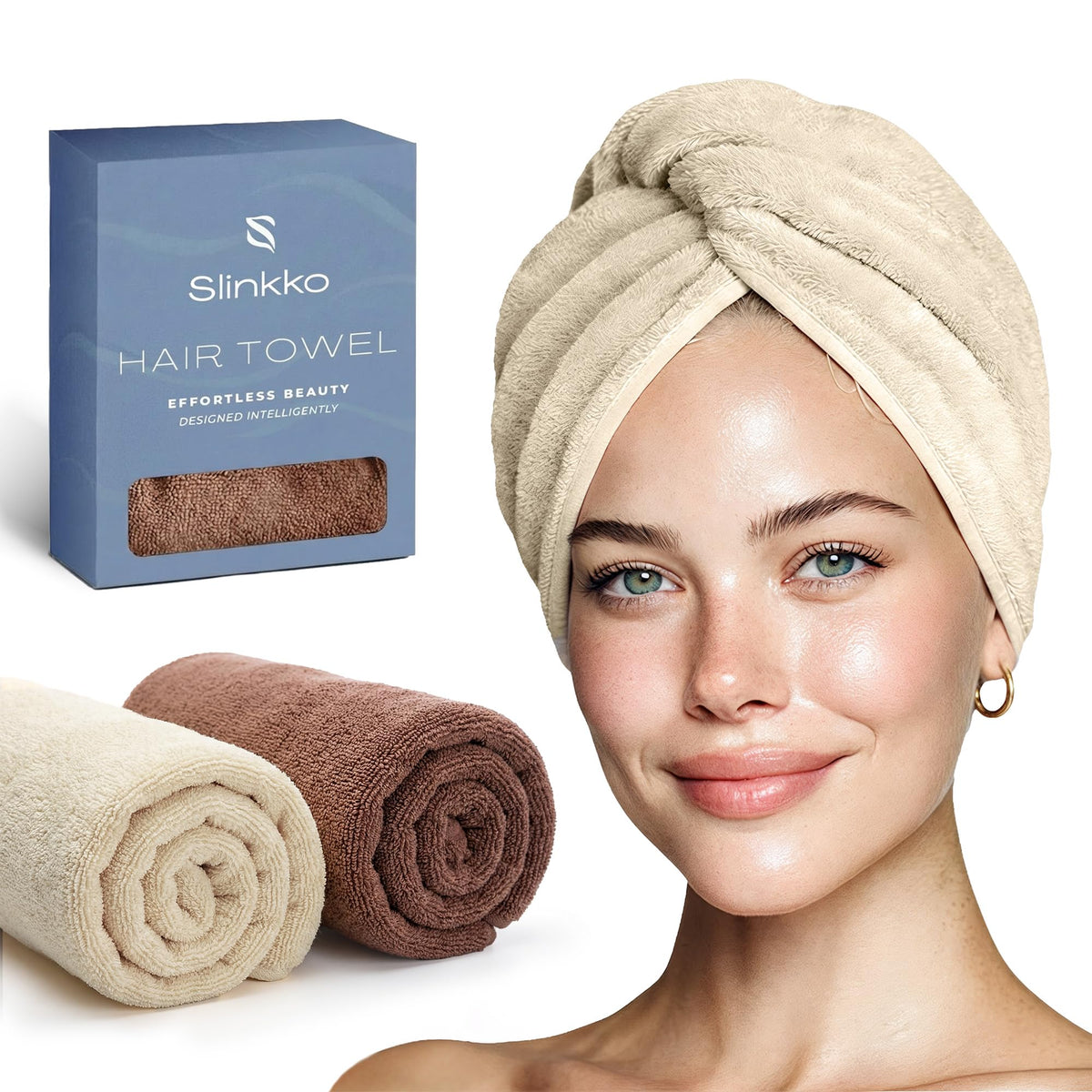 Microfiber Hair Towel Wrap for Women – Ultra Absorbent Quick Dry Turban | Button & Loop Design | Soft Lightweight Fabric | Reduces Frizz & Breakage | All Hair Types | Pink & Beige