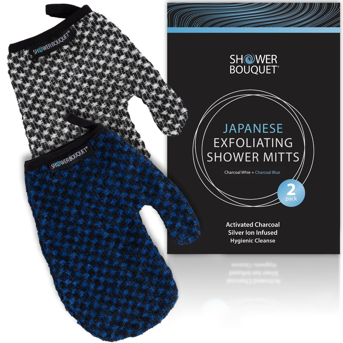 SHOWER BOUQUET Japanese Exfoliating Mitt for Shower, Charcoal & Silver Ion