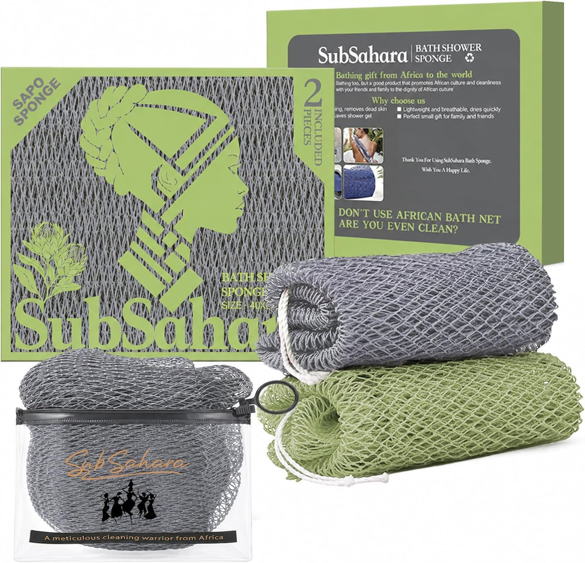 SubSahara African Net Sponge, 2 Pack 45-Inch Exfoliating Body Scrubber