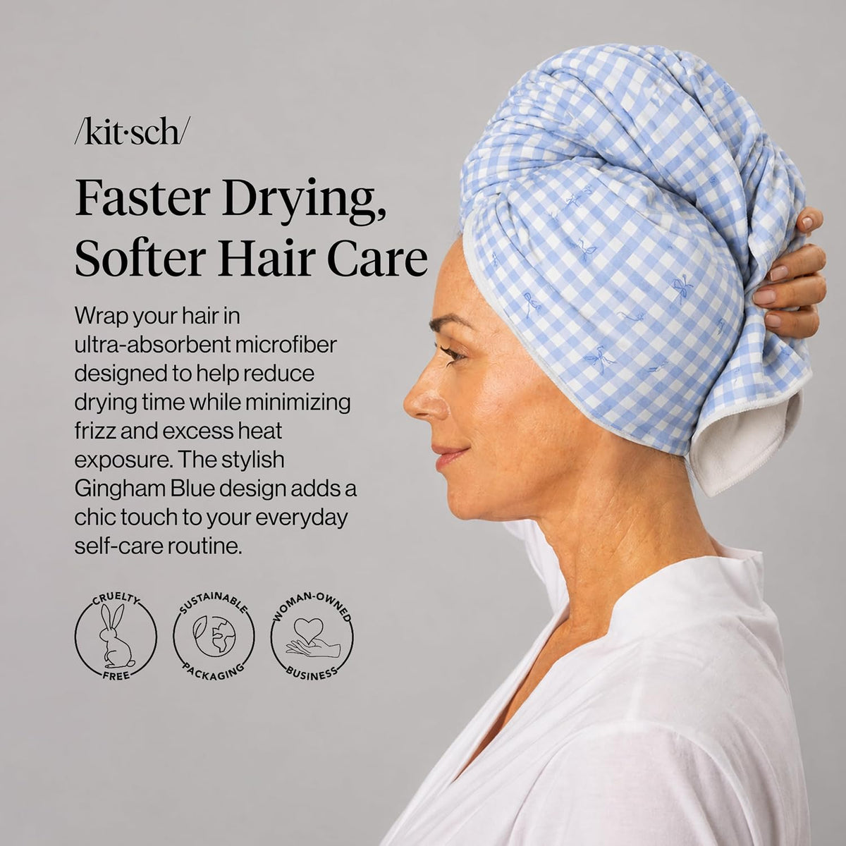 Kitsch XL Microfiber Hair Towel Wrap for Women - Gingham Blue