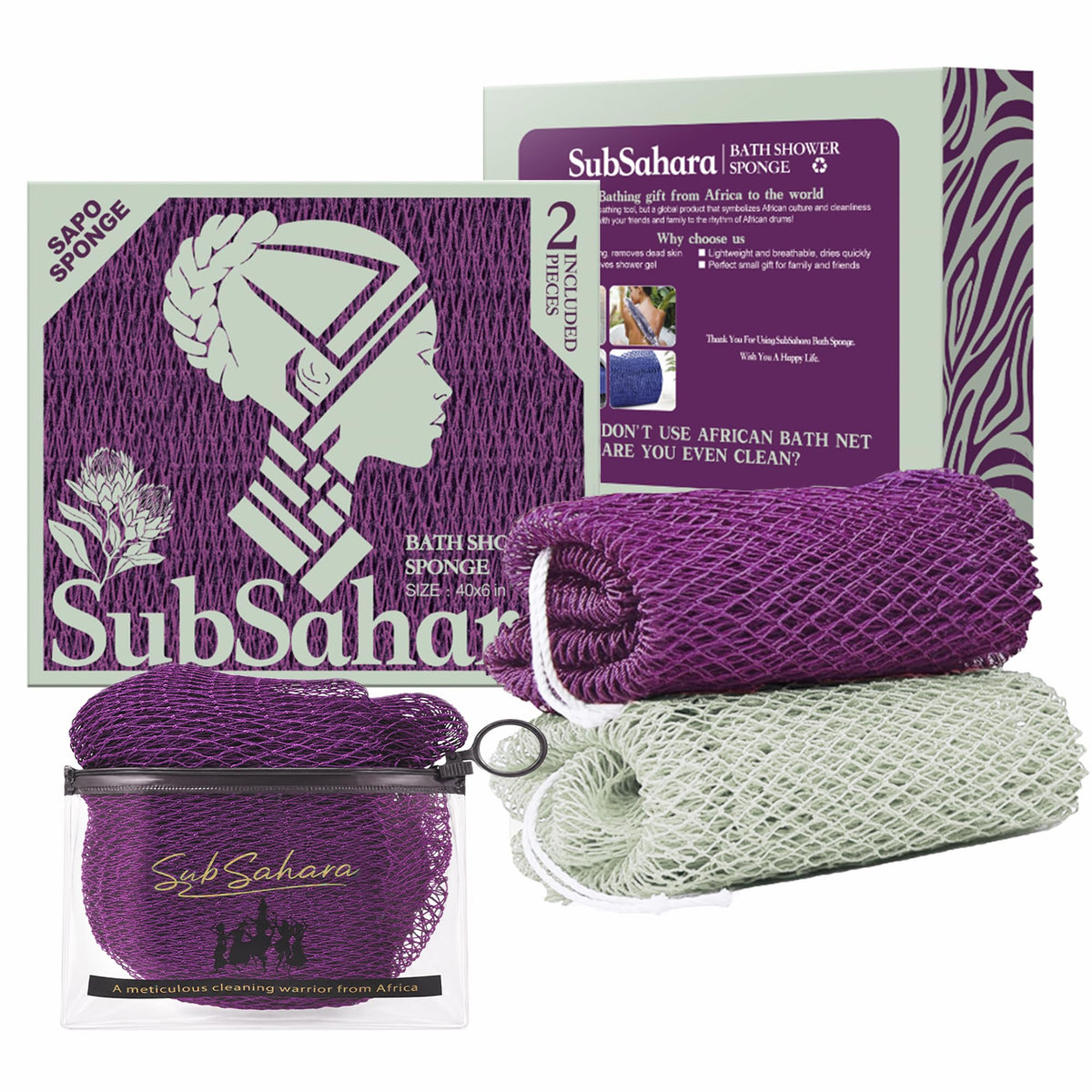 SubSahara African Net Sponge, 2 Pack 45-Inch Exfoliating Body Scrubber