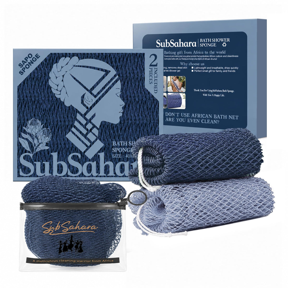SubSahara African Net Sponge, 2 Pack 45-Inch Exfoliating Body Scrubber