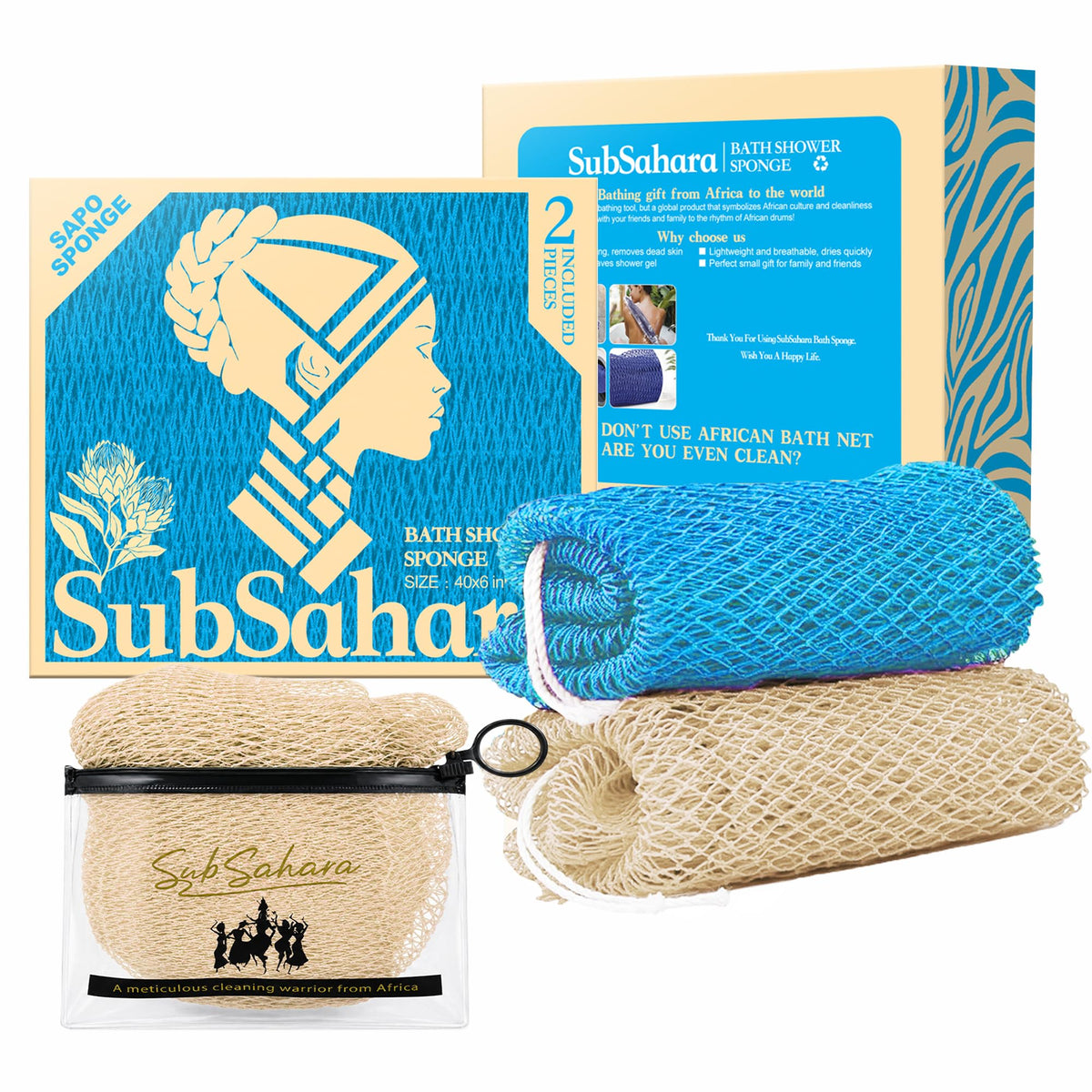 SubSahara African Net Sponge, 2 Pack 45-Inch Exfoliating Body Scrubber