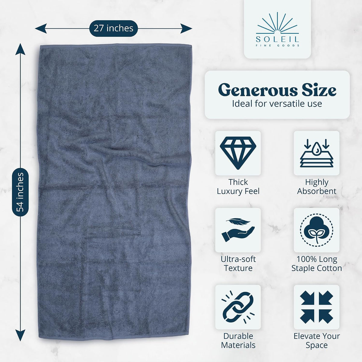 Soleil Fine Goods Luxurious 800 GSM 100% Cotton Bath Towel Set (4-Pack, 27x54) - Heavyweight & Ultra Absorbent, Plush Softness for Bathroom | Hotel & Spa Quality Luxury Towels- Blue Grey