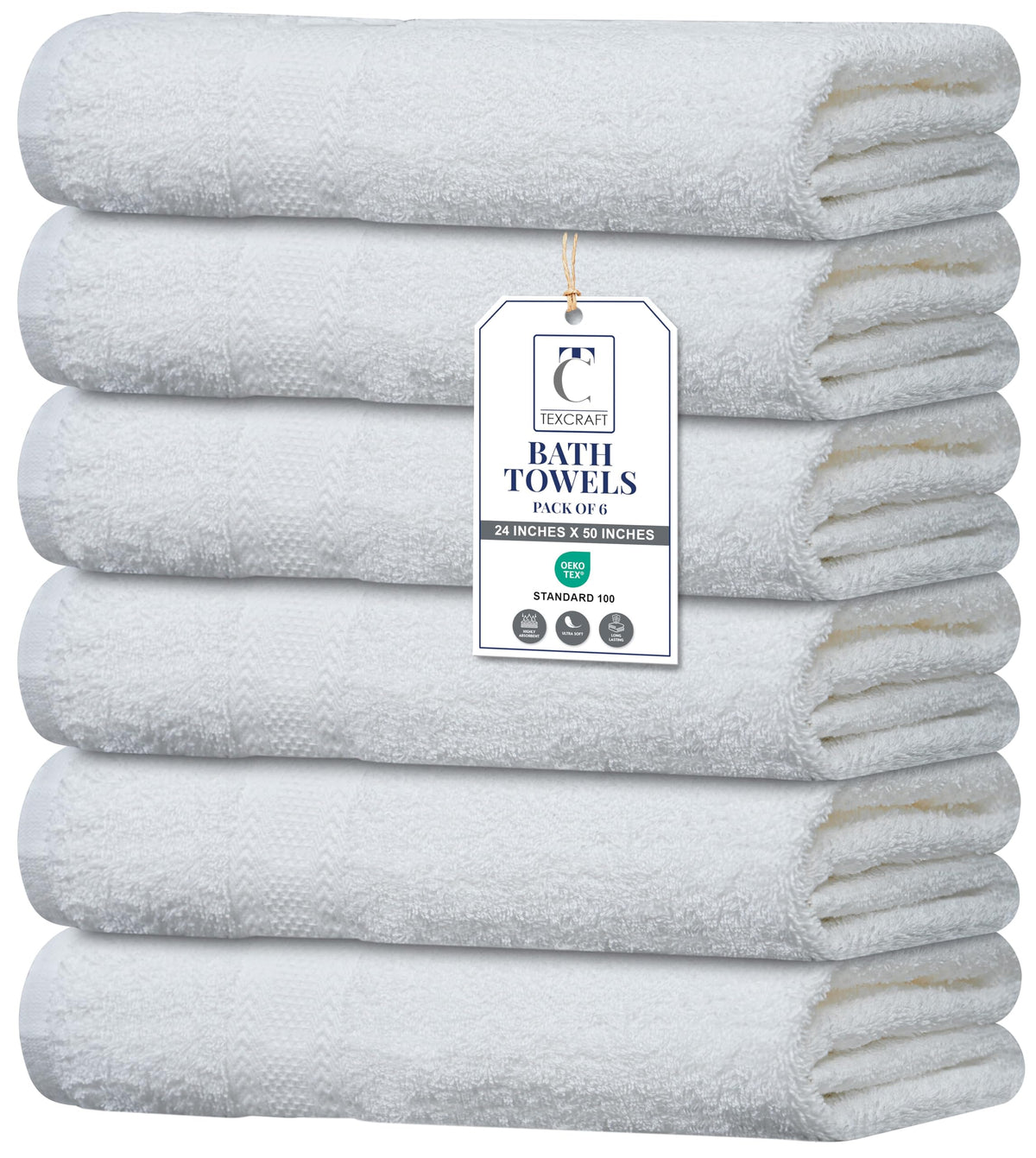 TEXCRAFT Large Bath Towels Set of 6 – 100% Cotton Terry – 24" x 50" – Quick Dry, Soft & Highly Absorbent – Beige Towels for Bathroom, Gym, Spa, Pool & Daily Use
