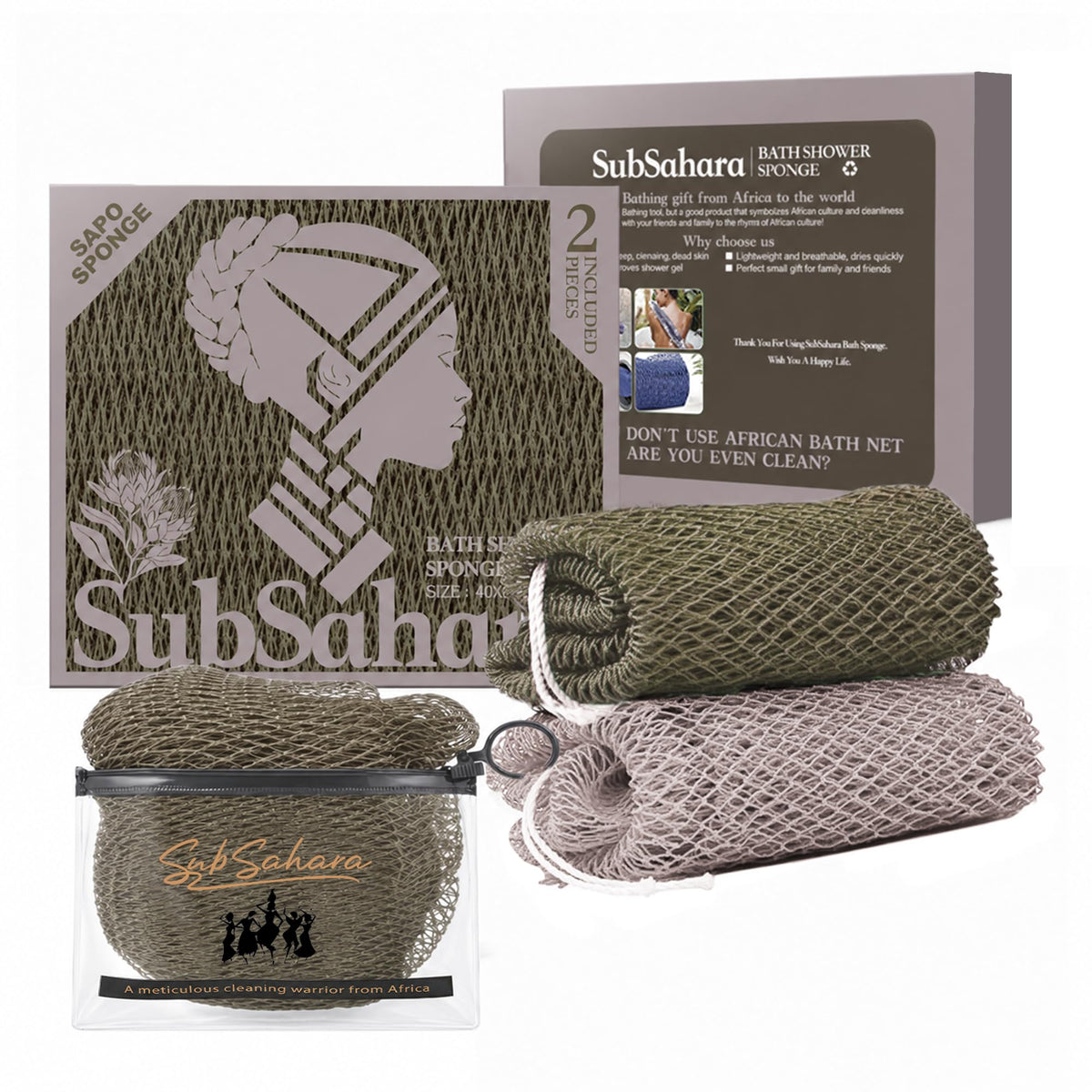 SubSahara African Net Sponge, 2 Pack 45-Inch Exfoliating Body Scrubber
