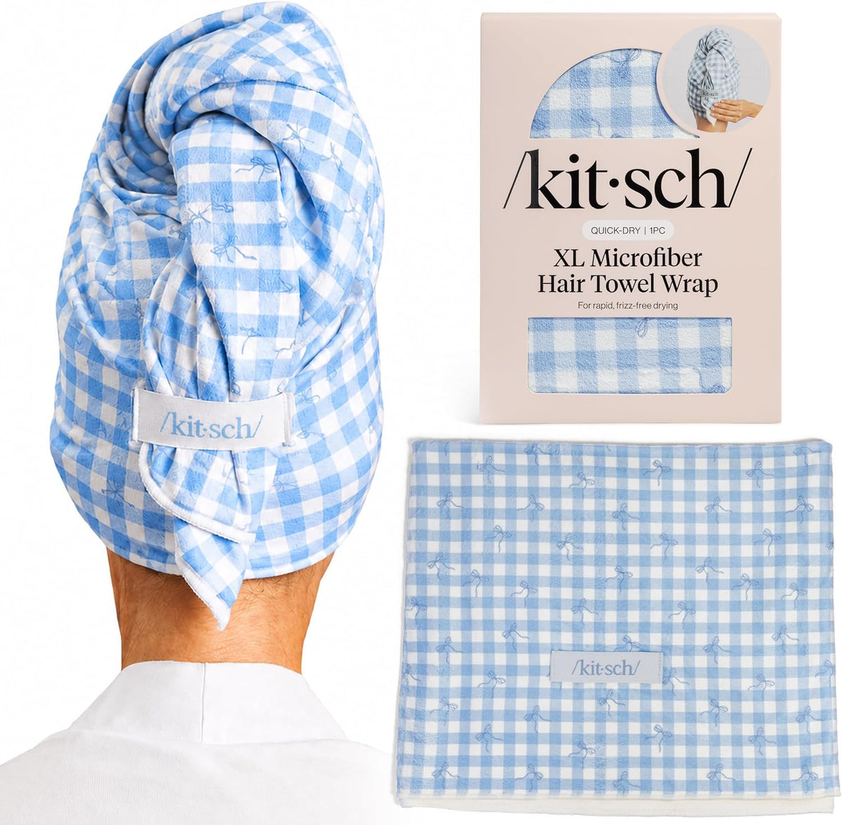 Kitsch XL Microfiber Hair Towel Wrap for Women - Gingham Blue