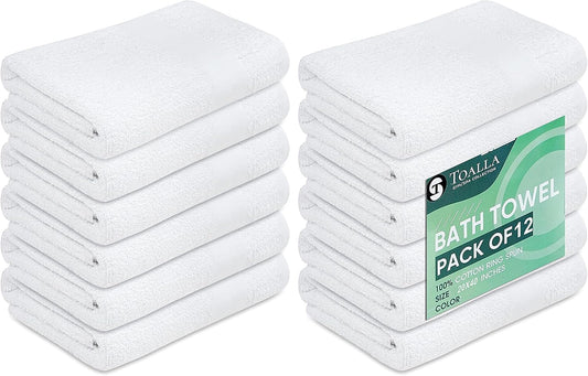 12 Pack White 100% Cotton Bath Towels, 20x40 Inches, Lightweight, Quick Drying, Commercial Grade, Gym, Salon, Spa & Hair