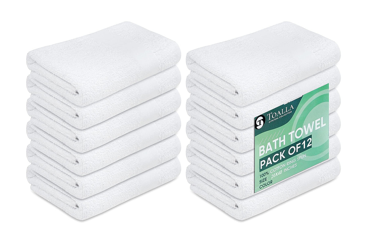 12 Pack White 100% Cotton Bath Towels, 20x40 Inches, Lightweight, Quick Drying, Commercial Grade, Gym, Salon, Spa & Hair