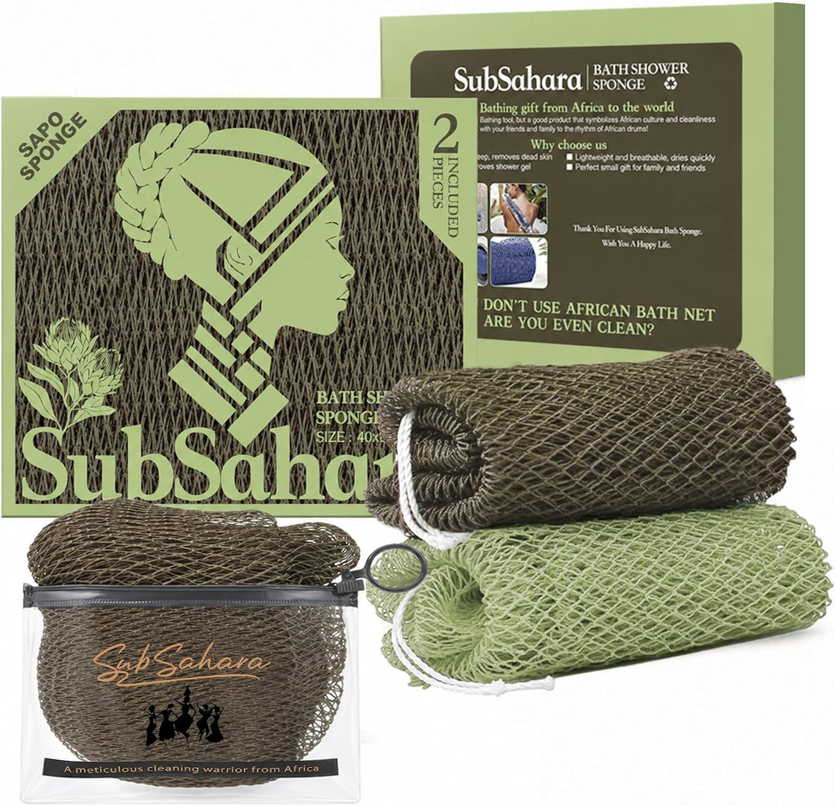SubSahara African Net Sponge, 2 Pack 45-Inch Exfoliating Body Scrubber