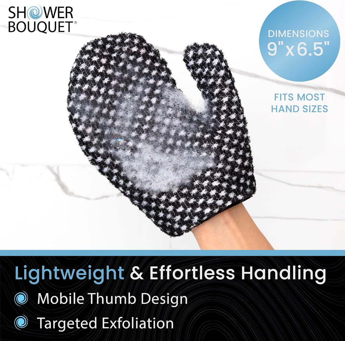 SHOWER BOUQUET Japanese Exfoliating Mitt for Shower, Charcoal & Silver Ion