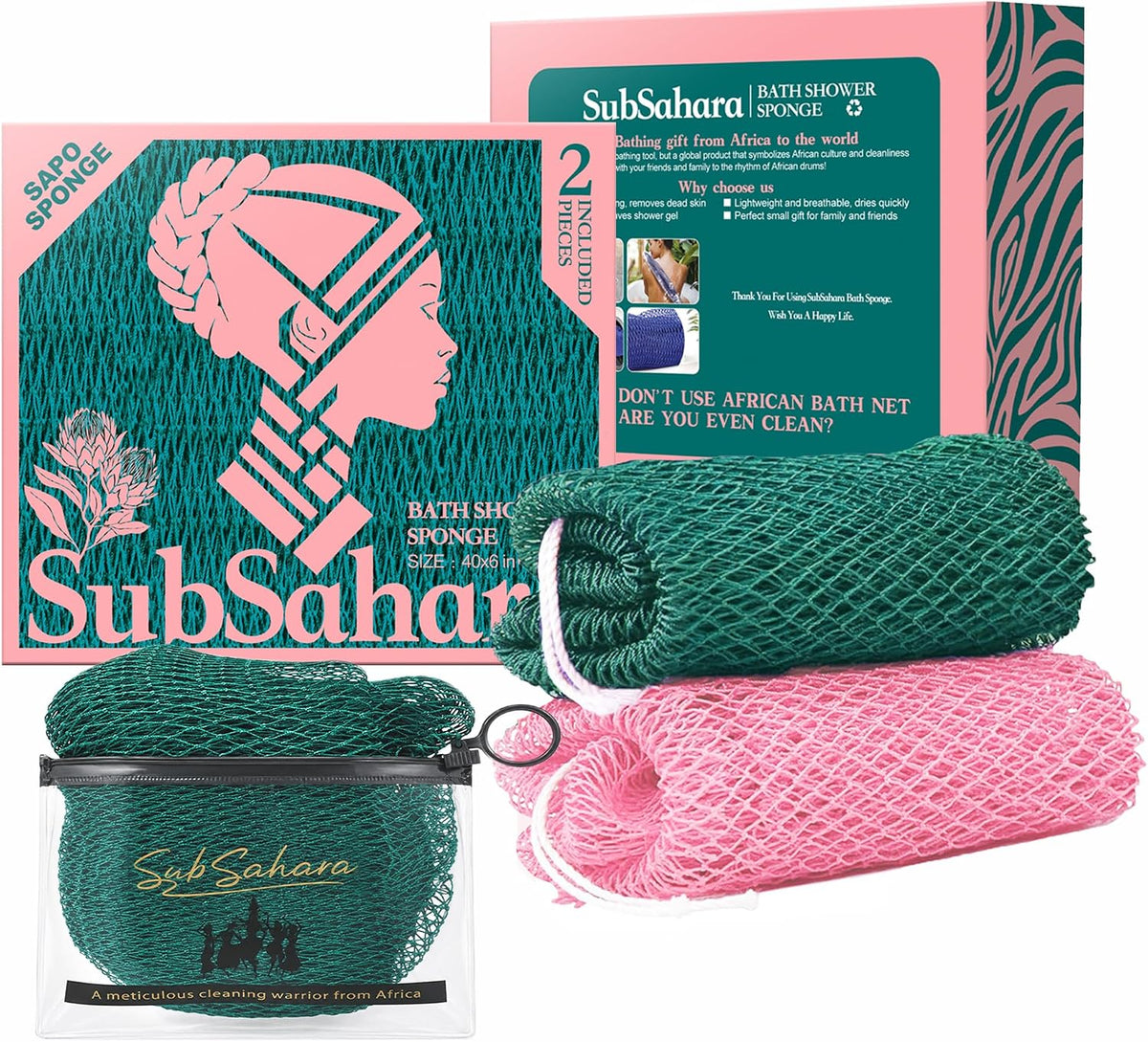 SubSahara African Net Sponge, 2 Pack 45-Inch Exfoliating Body Scrubber