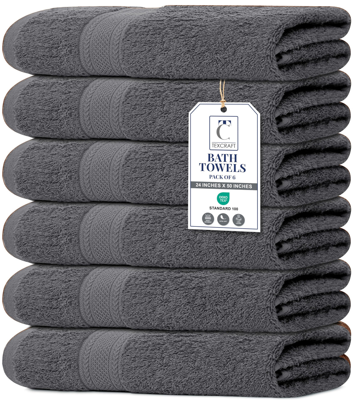 TEXCRAFT Large Bath Towels Set of 6 – 100% Cotton Terry – 24" x 50" – Quick Dry, Soft & Highly Absorbent – Beige Towels for Bathroom, Gym, Spa, Pool & Daily Use