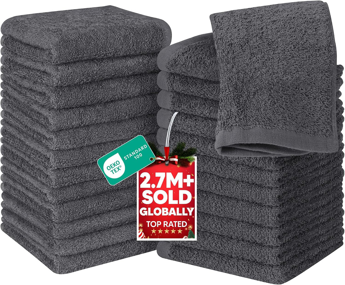 Utopia Towels 24 Pack Washcloths, 12x12 in, 100% Cotton, Grey