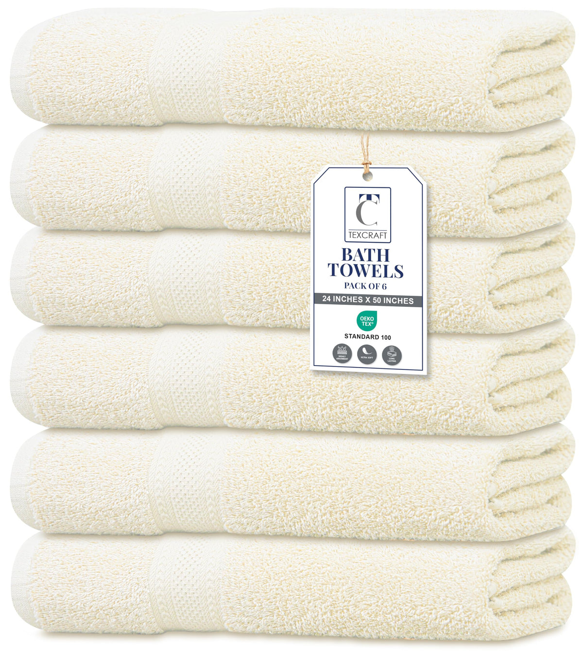 TEXCRAFT Large Bath Towels Set of 6 – 100% Cotton Terry – 24" x 50" – Quick Dry, Soft & Highly Absorbent – Beige Towels for Bathroom, Gym, Spa, Pool & Daily Use