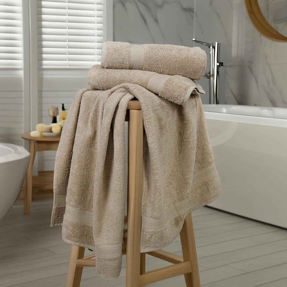 TEXCRAFT Large Bath Towels Set of 6 – 100% Cotton Terry – 24" x 50" – Quick Dry, Soft & Highly Absorbent – Beige Towels for Bathroom, Gym, Spa, Pool & Daily Use