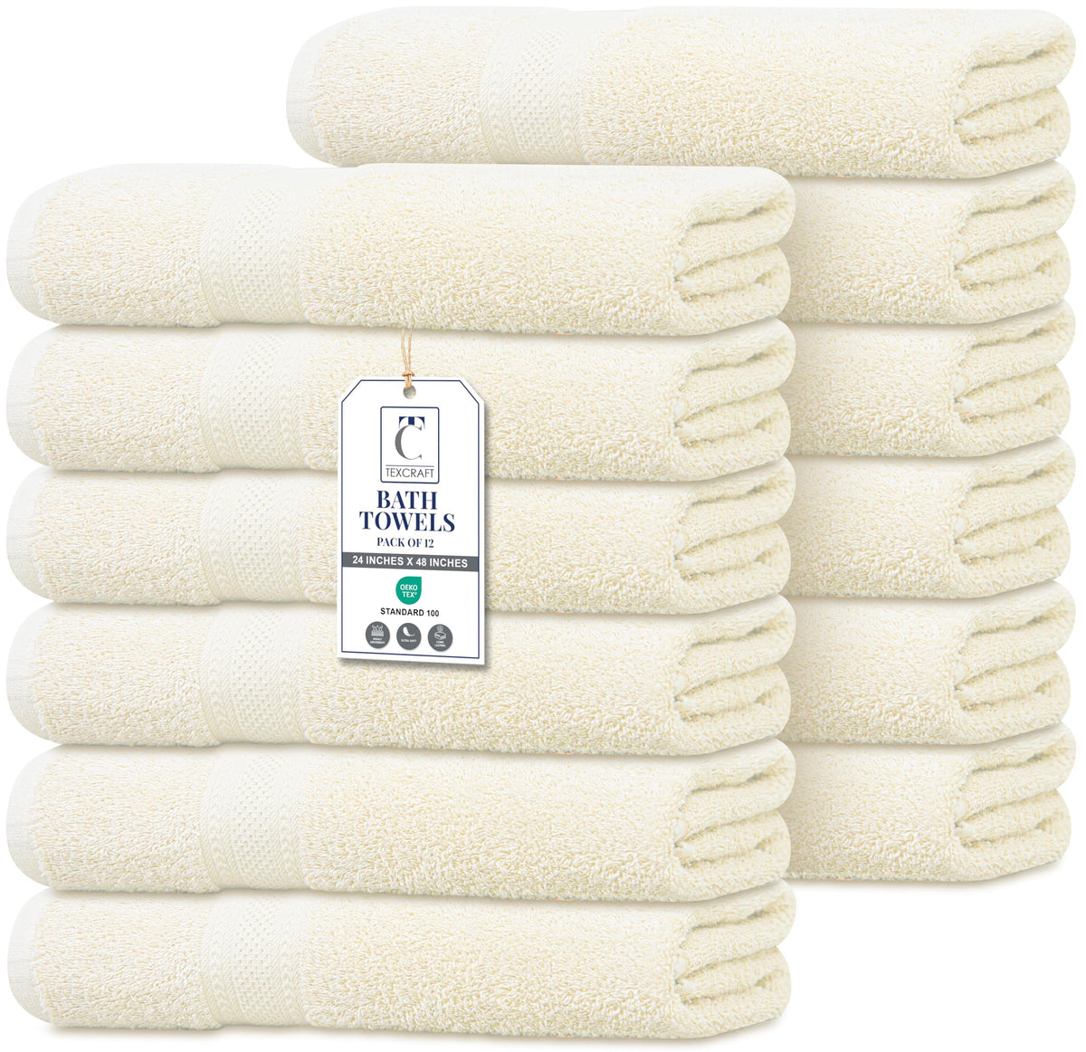 TEXCRAFT Large Bath Towels Set of 6 – 100% Cotton Terry – 24" x 50" – Quick Dry, Soft & Highly Absorbent – Beige Towels for Bathroom, Gym, Spa, Pool & Daily Use