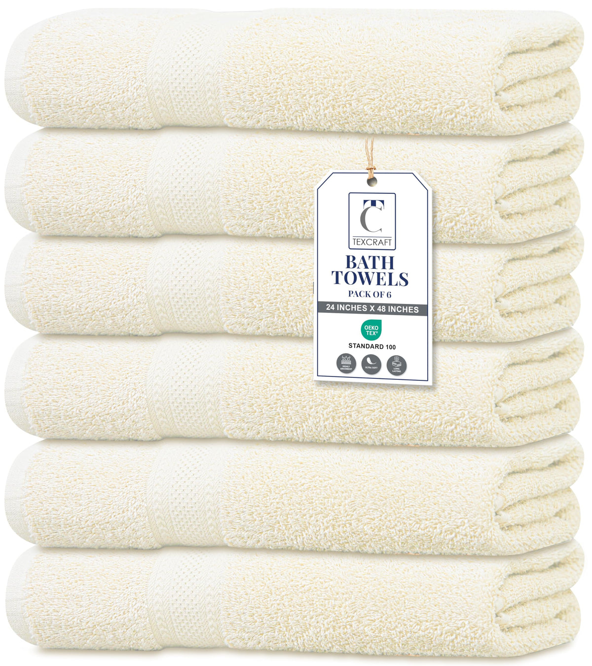 TEXCRAFT Large Bath Towels Set of 6 – 100% Cotton Terry – 24" x 50" – Quick Dry, Soft & Highly Absorbent – Beige Towels for Bathroom, Gym, Spa, Pool & Daily Use