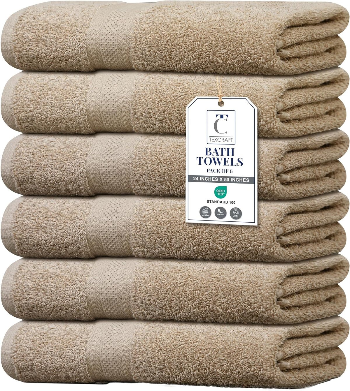 TEXCRAFT Large Bath Towels Set of 6 – 100% Cotton Terry – 24" x 50" – Quick Dry, Soft & Highly Absorbent – Beige Towels for Bathroom, Gym, Spa, Pool & Daily Use