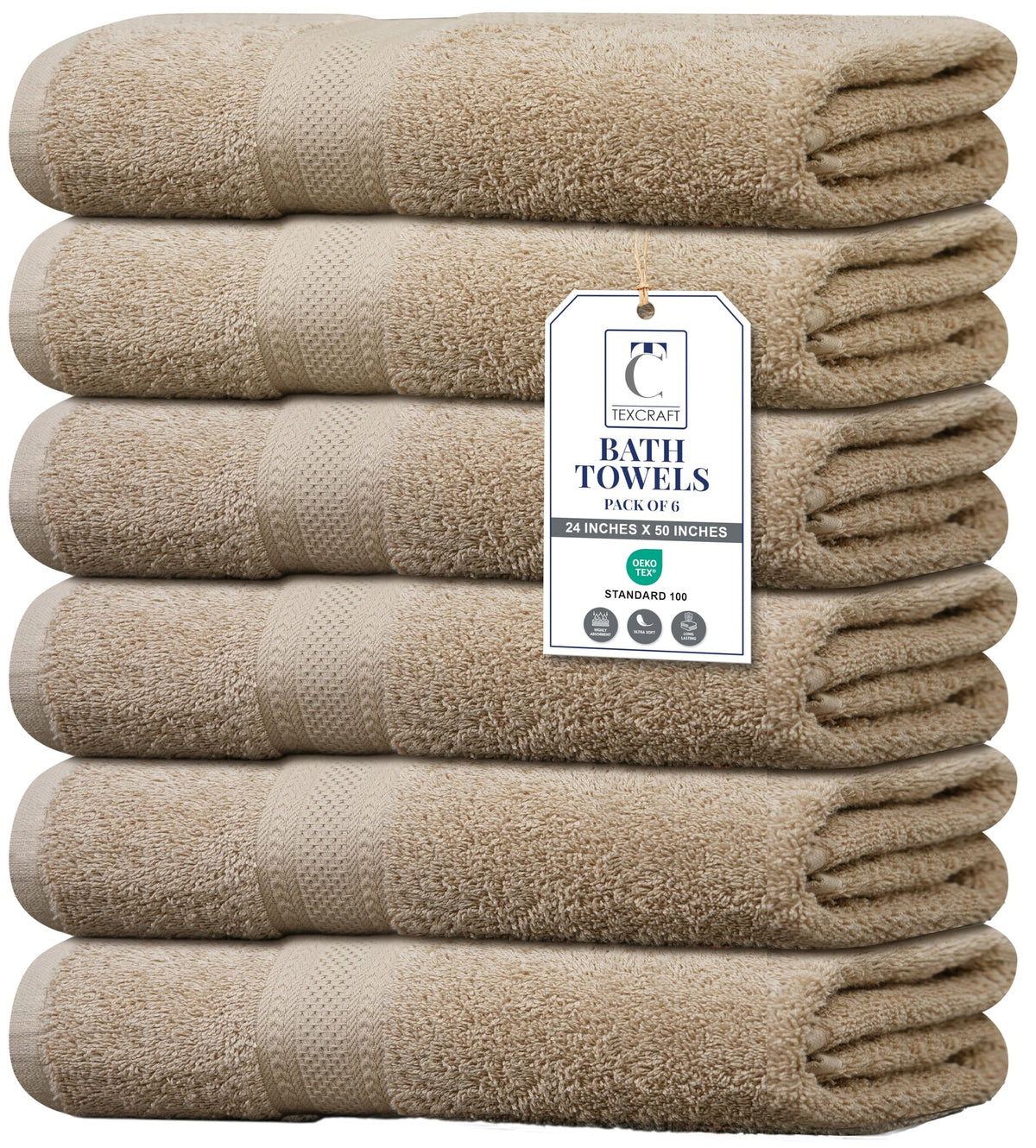 TEXCRAFT Large Bath Towels Set of 6 – 100% Cotton Terry – 24" x 50" – Quick Dry, Soft & Highly Absorbent – Beige Towels for Bathroom, Gym, Spa, Pool & Daily Use