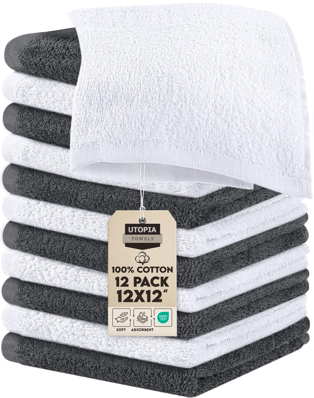 Utopia Towels 24 Pack Washcloths, 12x12 in, 100% Cotton, Grey
